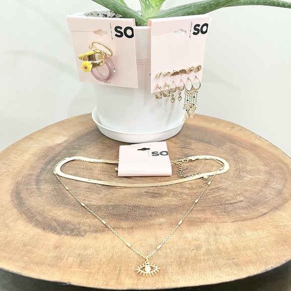 NWT Gold double layered evil eye necklace, ring set, and moon star earrings - Picture 1 of 8